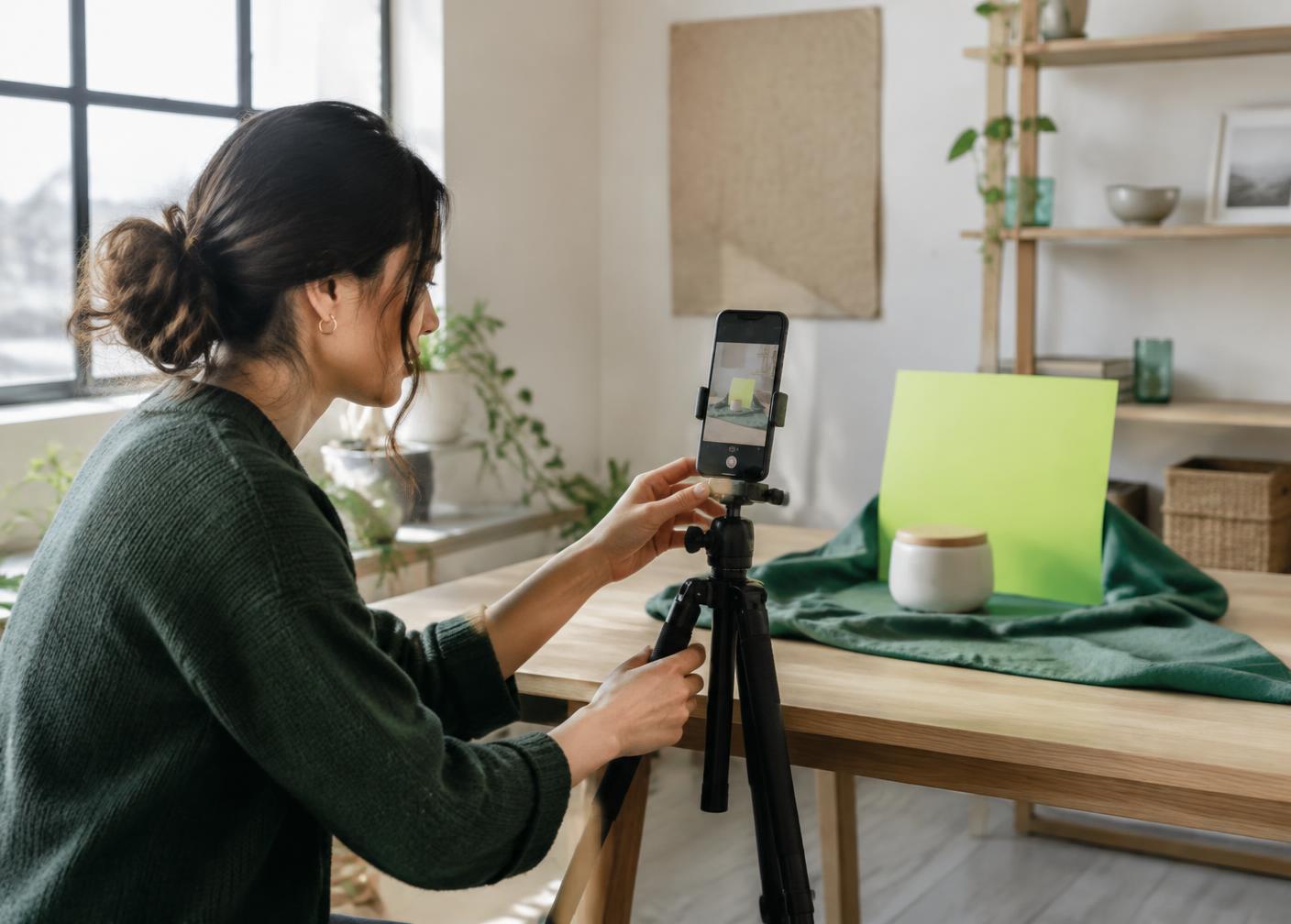 A creator filming a product with a phone and tripod